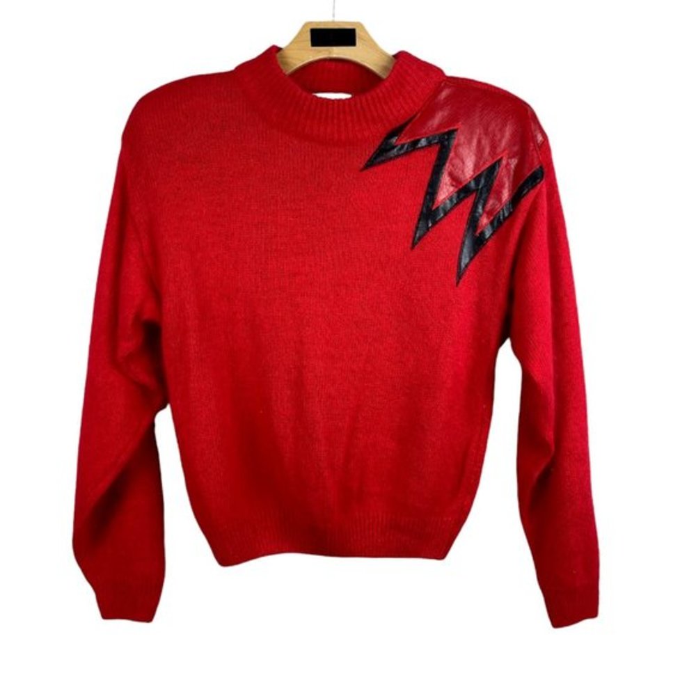 David Benjamin DB Sport‎ Sweater L Red Silk Angora Knit Faux Leather Long Sleeve